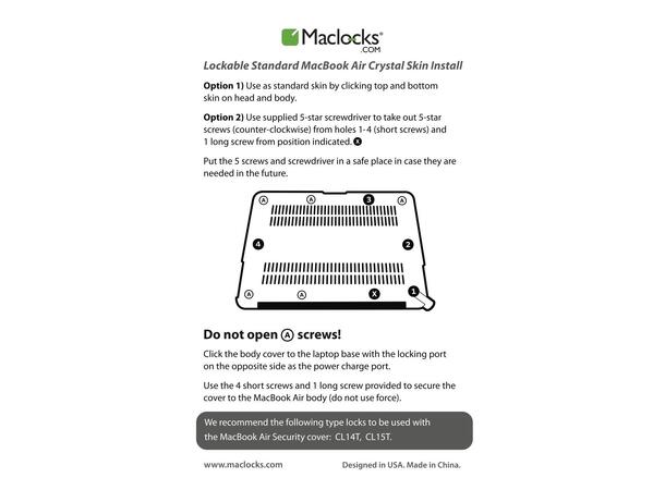 Maclocks MacBook Air 11" Sikkerhetslås Sikkerhets slot og 1,8 m låsewire